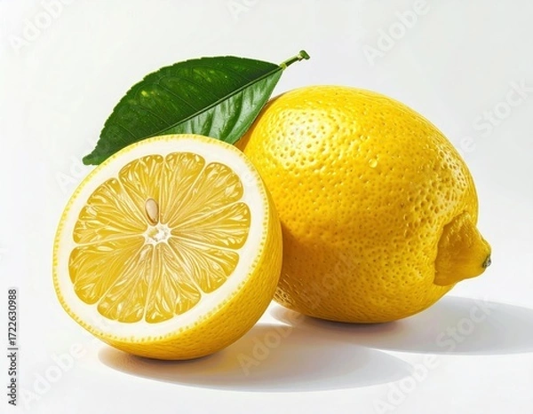 Fototapeta Two lemons sit on a bright surface, one cut in half revealing juicy segments, and a green leaf rests on the citrus fruit