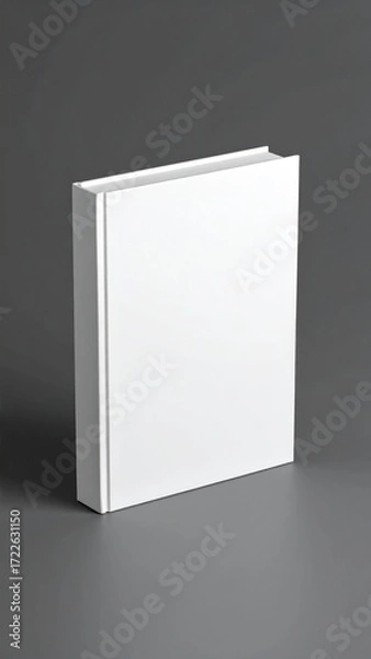 Fototapeta A plain white, square book stands upright on a smooth, grey surface with soft lighting. The binding is visible