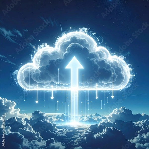 Fototapeta Luminous cloud formation with arrow ascending, surrounded by trailing lights, contrasting with softer clouds against a deep blue gradient sky