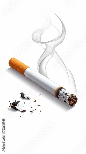 Fototapeta An unlit cigarette with smoldering tip releasing smoke. A small pile of ash fragments sits beneath on a pure white background