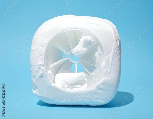 Obraz White cubic container with geometric inner structure, set against a bright blue backdrop, casts gentle shadows