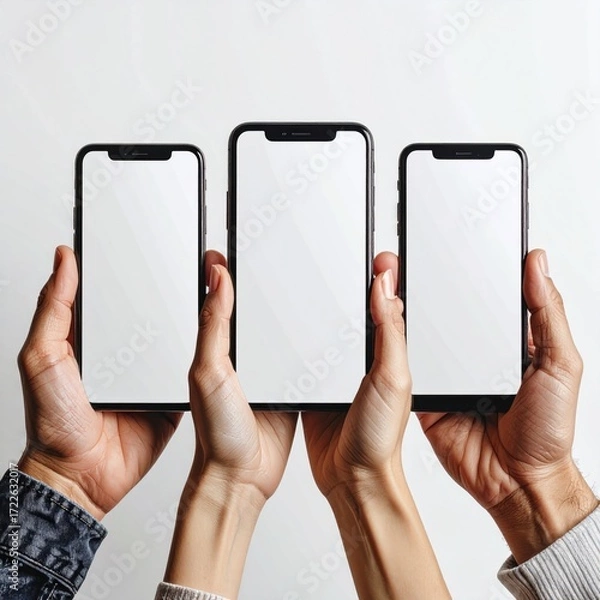 Fototapeta Three hands raise up mobile phones against a plain white background, showcasing the screen. Focus is on the mobile device displays