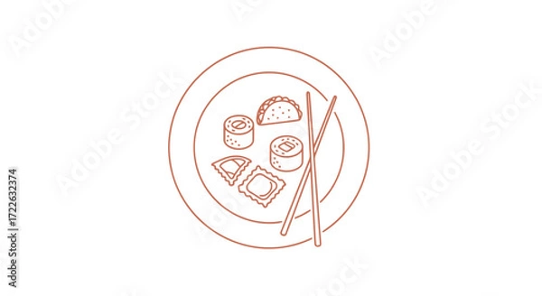 Obraz Vector art of plate with sushi, ravioli, and taco