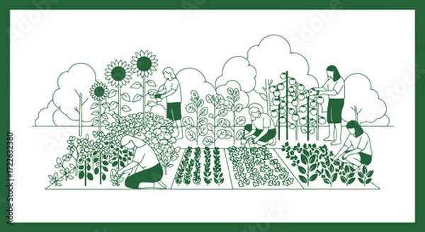 Obraz Vector art of people gardening and tending to plants in a community garden