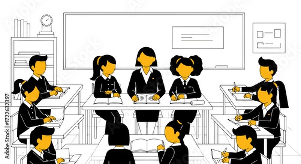 Obraz Vector art of classroom scene with teacher and students in a lesson