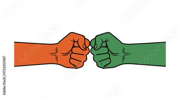 Obraz Vector art of two fists bumping, orange and green