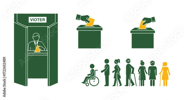 Obraz Vector art of voting booth, ballot box, and diverse group of people