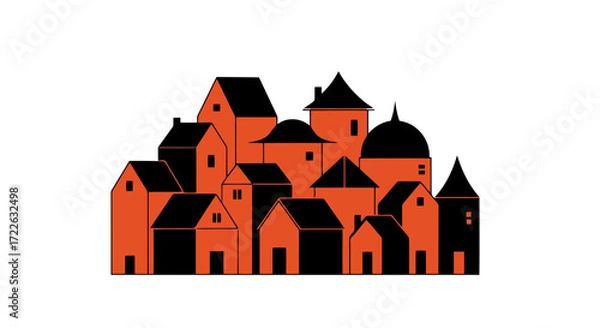 Obraz Vector art of stylized illustration of a cluster of houses with orange and black colors