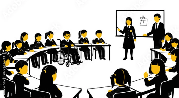 Obraz Vector art of classroom setting with teacher and students, including a student in a wheelchair