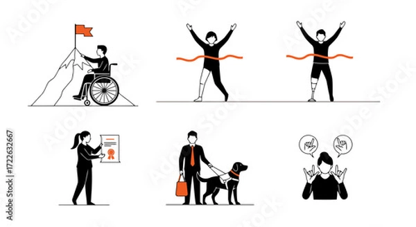 Obraz Vector art of set of illustrations showing achievement and disability inclusion