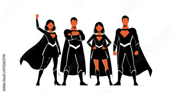 Obraz Vector art of four superheroes in black costumes with capes