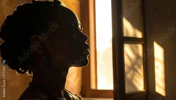 Fototapeta Silhouette of a Black woman beside sunlit window. Light washes the wall in patterns, revealing textured stucco. Quiet reflection