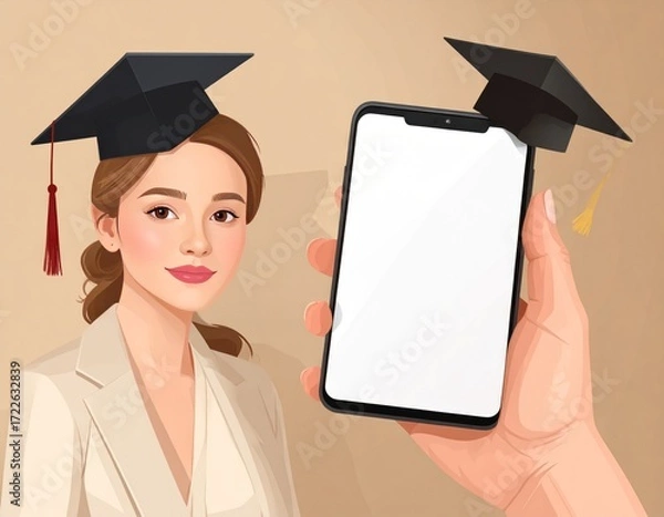 Fototapeta Illustrated graduate, mortarboard atop head, next to hand holding phone with blank screen, another cap floating above. Plain background