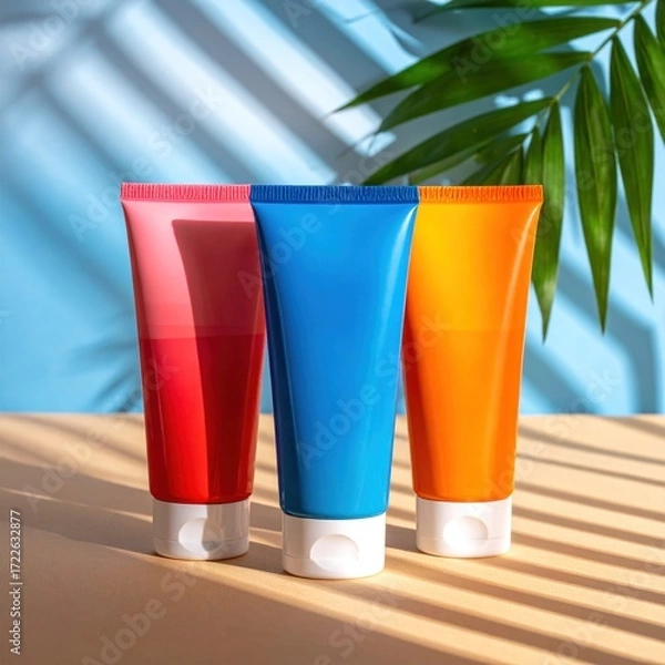 Fototapeta Three colorful tubes with white caps stand in the sunlight, casting palm-leaf shadows on a tan surface against a light blue backdrop