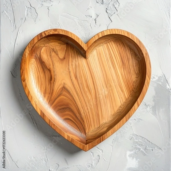Fototapeta A heart-shaped wooden plate sits on a textured grey surface. The plate has a warm, natural grain. Soft shadows accentuate its contours