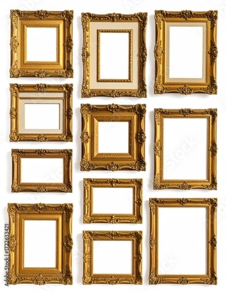 Fototapeta Ornate gold frames in various sizes and orientations are displayed on a white background, casting soft shadows creating a gallery-like effect