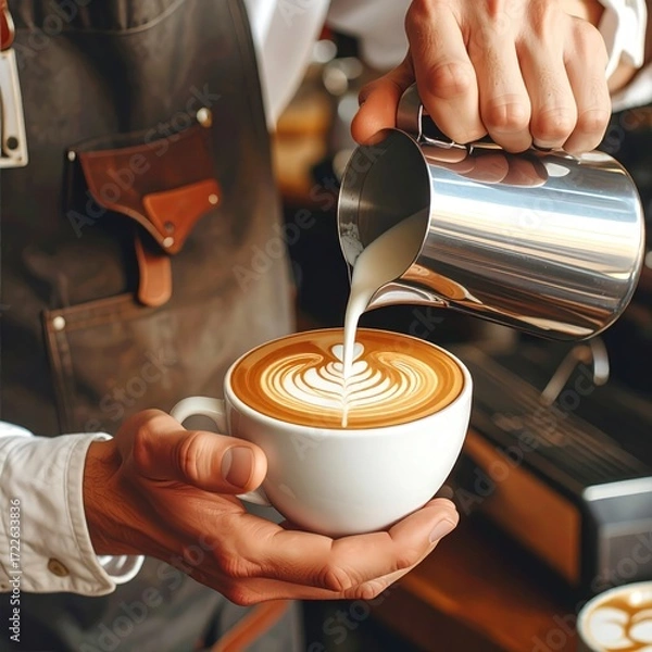 Fototapeta Close-up barista pours milk into espresso, creating latte art. Coffee art detail, apron-clad worker, focused, warm tones, indoor, morning