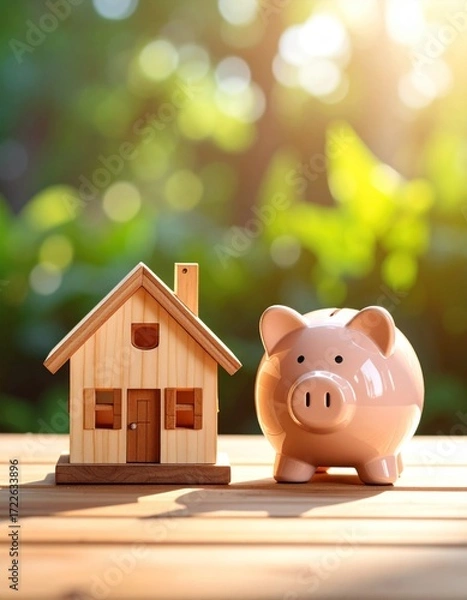Fototapeta Wooden toy house and pink piggy bank sit on a wooden surface against a blurred, sunny green background. Savings, investments, home