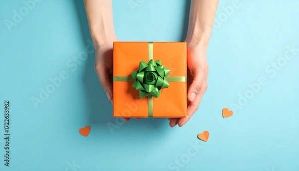 Fototapeta Aerial view of hands presenting an orange gift box tied with a green bow on a light blue backdrop, accompanied by three small orange hearts