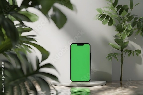 Fototapeta Stunning modern smartphone with vibrant green screen showcased amidst lush tropical foliage and soft natural light, perfect for app previews and creative design