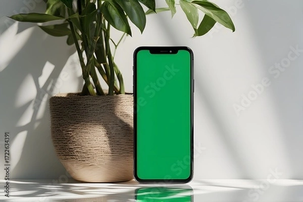 Fototapeta Modern smartphone with vibrant green screen placed next to a lush potted plant casting dramatic shadows, perfect for creative projects.