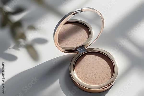 Fototapeta Luxurious compact foundation with a mirrored lid casting elegant shadows, perfect for modern beauty and skincare advertising.