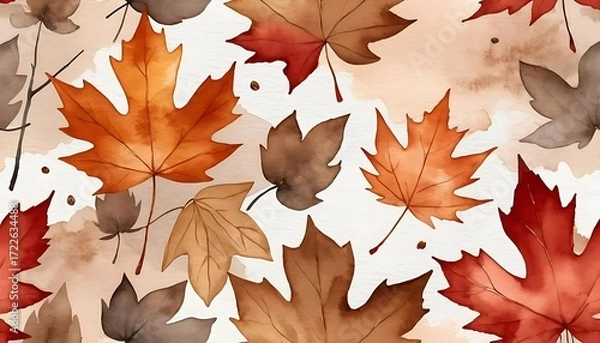 Fototapeta Autumn Watercolor Maple Leaves Background with Splatters