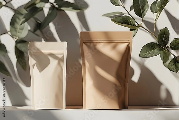 Fototapeta Elegant blank pouches with natural leaf shadows offer modern packaging mockup for branding and product display