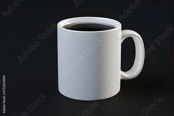 Fototapeta Sleek white ceramic mug filled with dark beverage sits on a minimalist dark background, perfect for branding and design mockups.