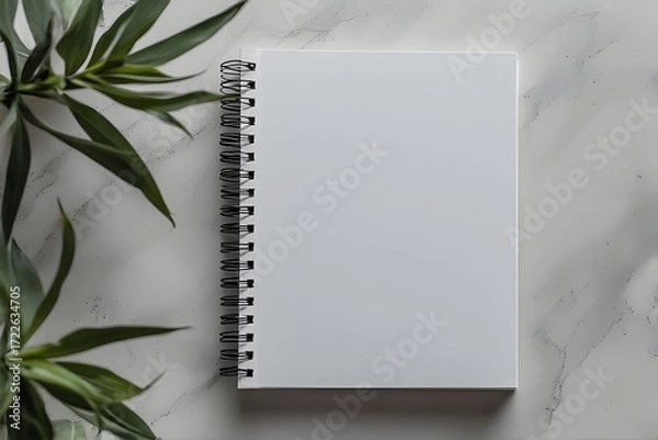 Fototapeta Blank spiral notebook awaits your creative ideas on a modern marble surface, framed by elegant green foliage