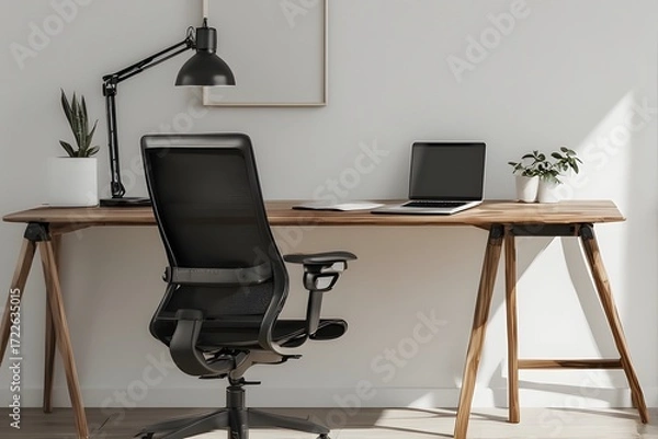 Fototapeta Modern home office setup with ergonomic chair, laptop, and desk lamp bathed in natural light, perfect for remote work inspiration.