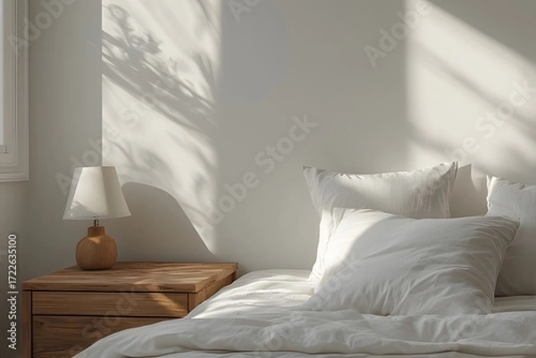 Fototapeta Serene bedroom scene bathed in warm sunlight, casting natural shadows from foliage onto a clean, inviting white bed with plush pillows and a wooden nightstand.