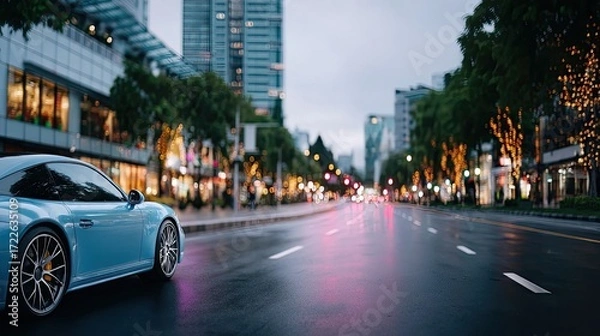 Fototapeta Side View of a Light Blue Luxury Car on Wet City Street at Dusk with Illuminated Buildings and Trees