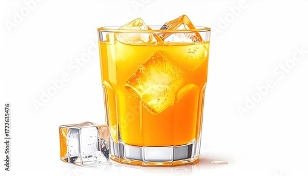 Fototapeta A clear glass filled with a vibrant orange liquid and several ice cubes, with one ice cube resting next to the glass, against a white background