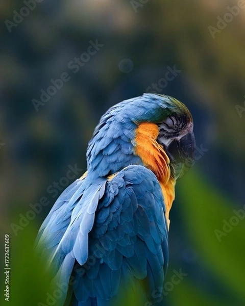 Obraz A blue and gold macaw is sleeping with its eyes closed. Its blue, orange, and yellow feathers are clearly visible.
