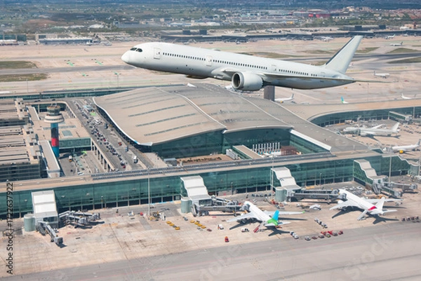 Fototapeta Istanbul airport, busy airport view with airplanes and service vehicles - Turkish Airlines Airplanes are preparing for boarding - Travel concepts