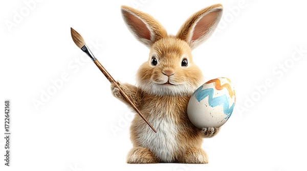 Fototapeta rabbit making painting on the egg isolated on white background