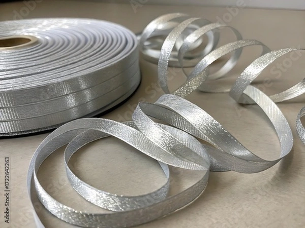 Fototapeta A close up of a roll of silver ribbon next to some loose curled ribbon on a neutral colored surface
