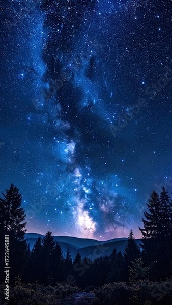 Obraz A mesmerizing nightscape displays the Milky Way glowing above dark, silhouetted evergreen trees in a remote forest valley