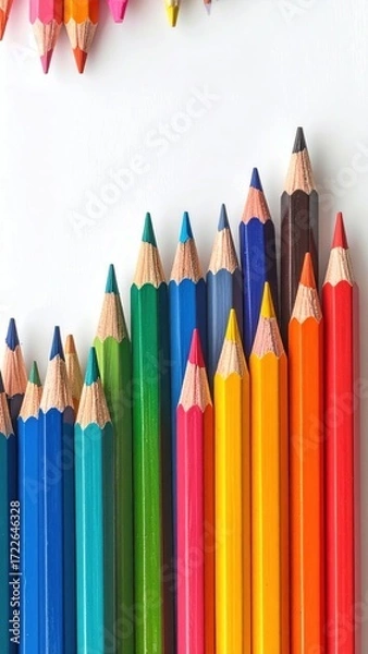 Obraz A vibrant array of colorful pencils arranged on a stark white background, creating a visual spectacle with a gradient effect from left to right