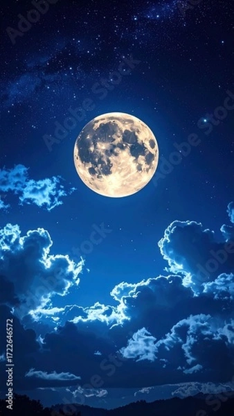 Obraz Ethereal full moon shines amidst scattered stars and fluffy clouds in a deep blue night sky above shadowed land