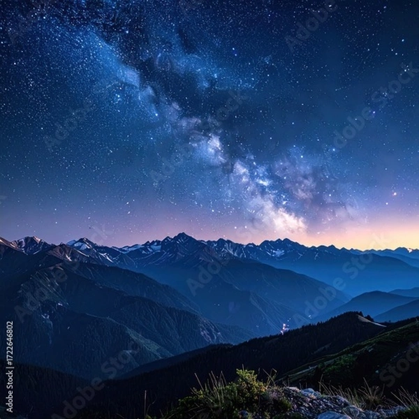 Obraz A mesmerizing view of the Milky Way over a mountain range under a starlit sky, with soft illumination at the horizon
