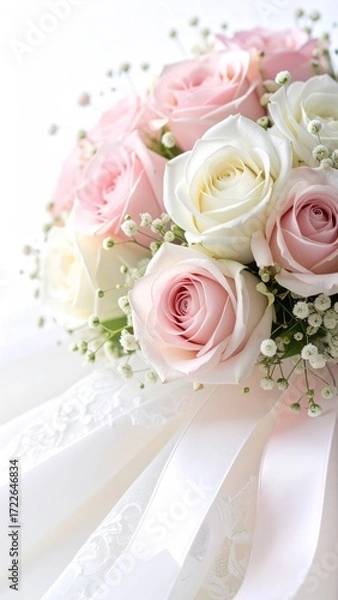Obraz Close-up of soft pink and white roses with baby's breath, draped in flowing white fabric, exuding elegance and romance in bright light