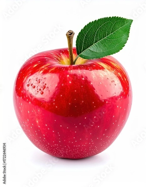 Obraz A vibrant, ripe red apple stands tall against a clean white background, complete with a brown stem and a single, glossy green leaf