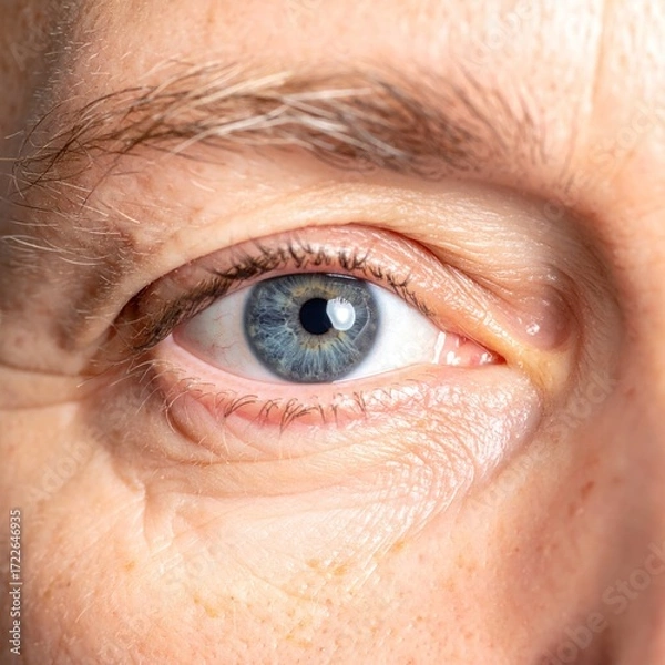 Obraz A close-up showcases a detailed blue human eye with surrounding skin displaying fine wrinkles, accented by a light eyebrow with sparse hairs