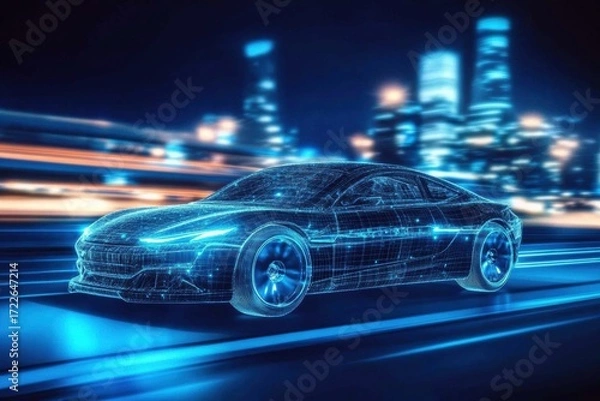 Obraz Autonomous Vehicle Safety Concept: Advanced Sensor System for Cars futuristic car city street night