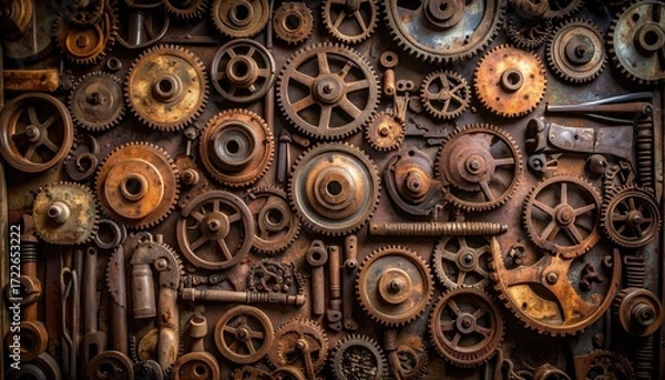 Obraz Rusty gears and cogs on metal wall  Steampunk background.