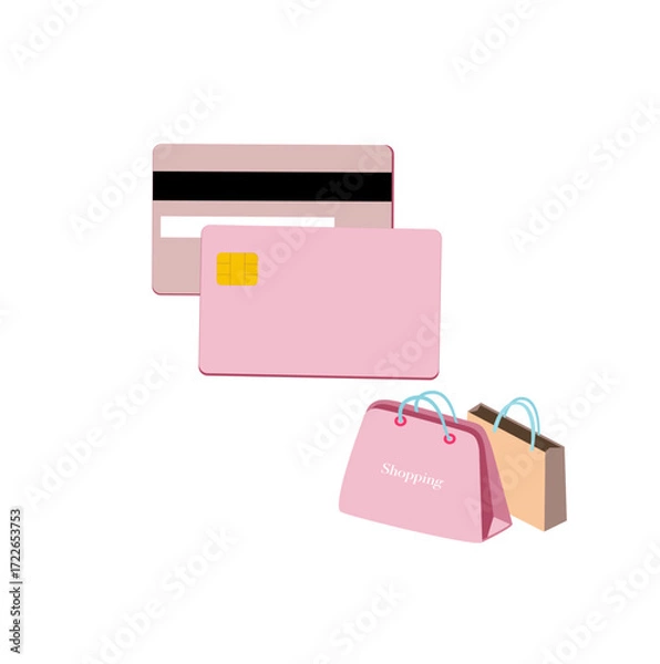 Fototapeta credit cards, shopping bags, coins, and secure payment icons representing e commerce, online shopping, digital wallet, and modern cashless transactions. Perfect for fintech, finance, retail