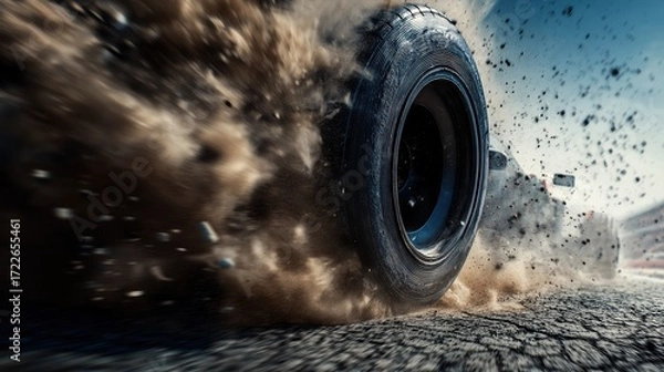 Fototapeta Close-up of a racing car tire during an explosive start, generating a ballistic shockwave around the spinning wheel, asphalt cracks beneath, smoke and dust particles swirling