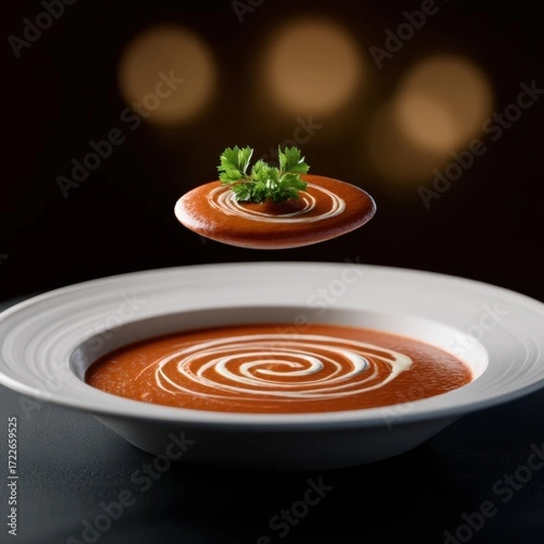 Fototapeta Close-up of a creamy tomato soup in a white bowl with fresh cilantro garnish and artistic swirl design, dark background, warm lighting, high detail